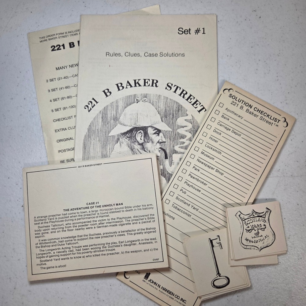 Vintage 221 B Baker Street Board Game Replacement Parts Set 1 Clue Cards Pad